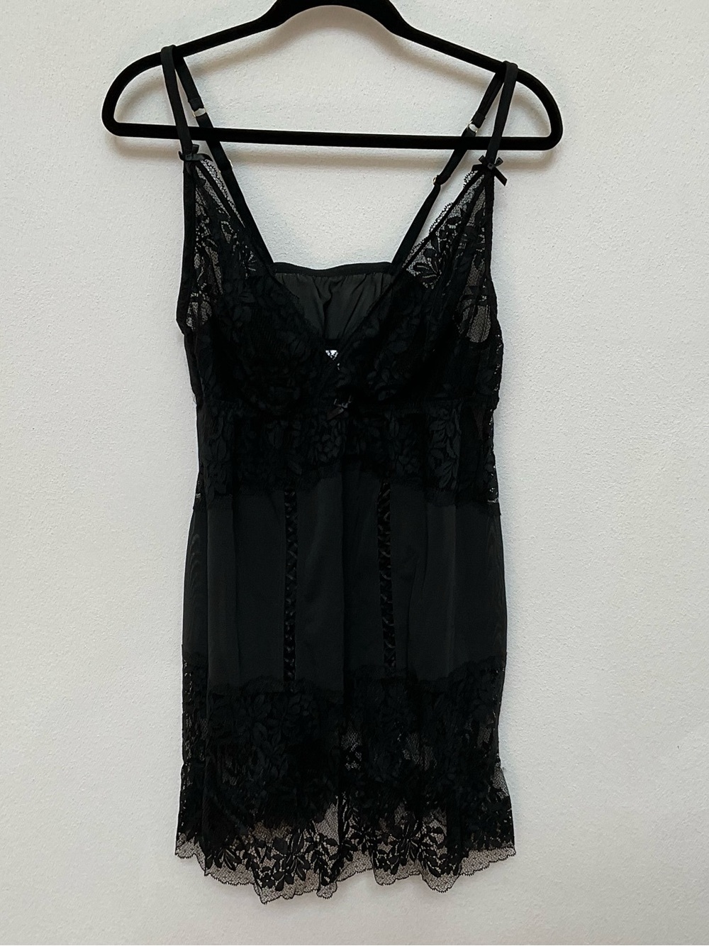 Cacique Black Lace Babydoll Spaghetti Strap Nightie Size 14/16 Bows Sheer